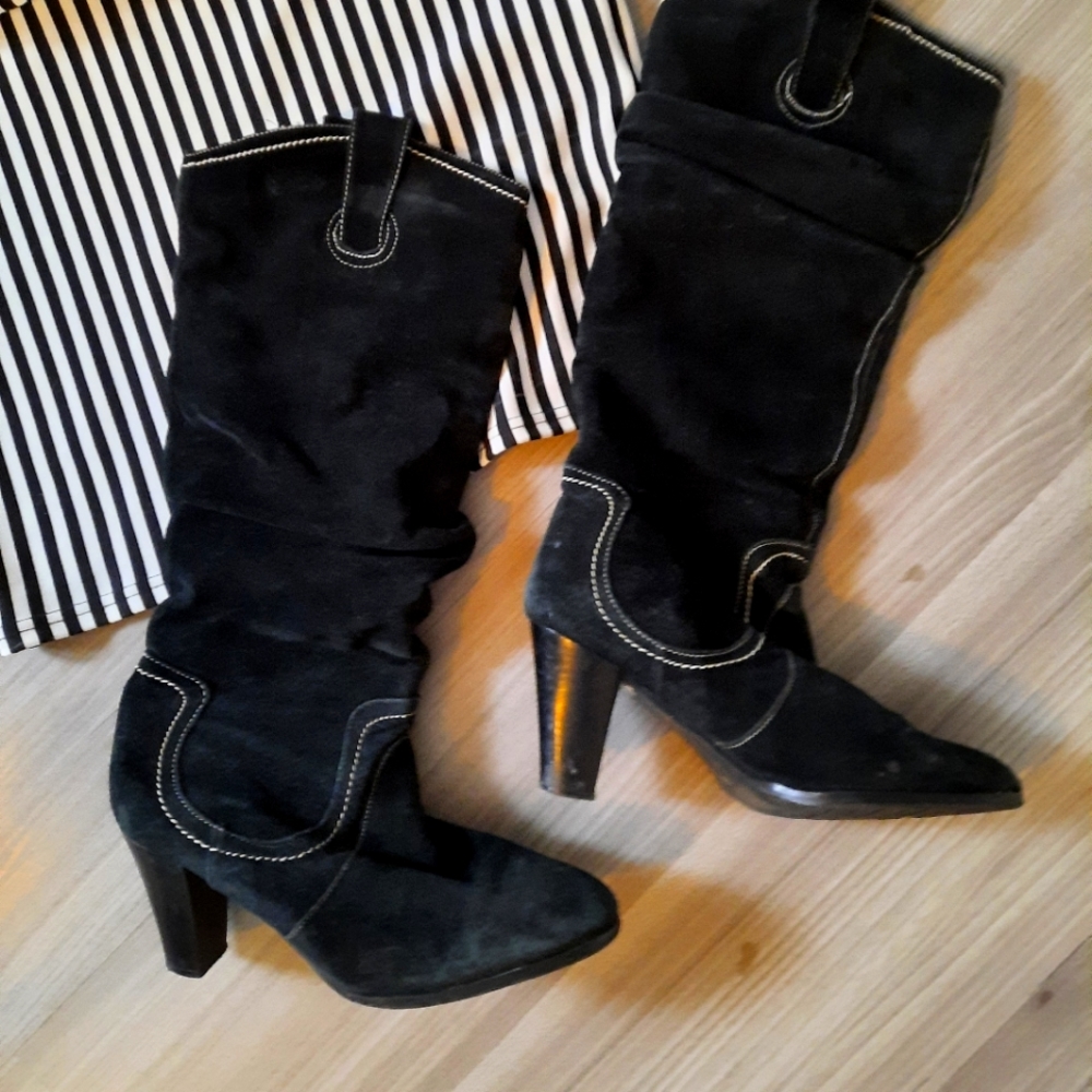 Black knee high faux suede healed boots